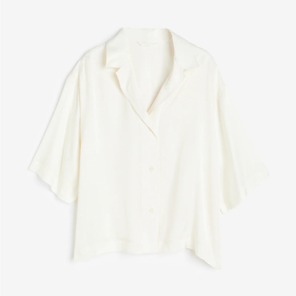 Cream Shiny Button-Up Blouse